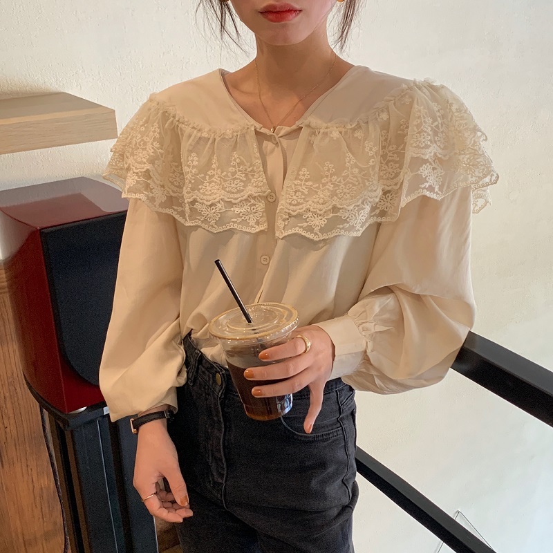 Comelsexy Women Chic Spring Shirts Retro French Gentle Long Sleeves Big Collar Lace Sweet Elegance Blouse Female Tops 210515