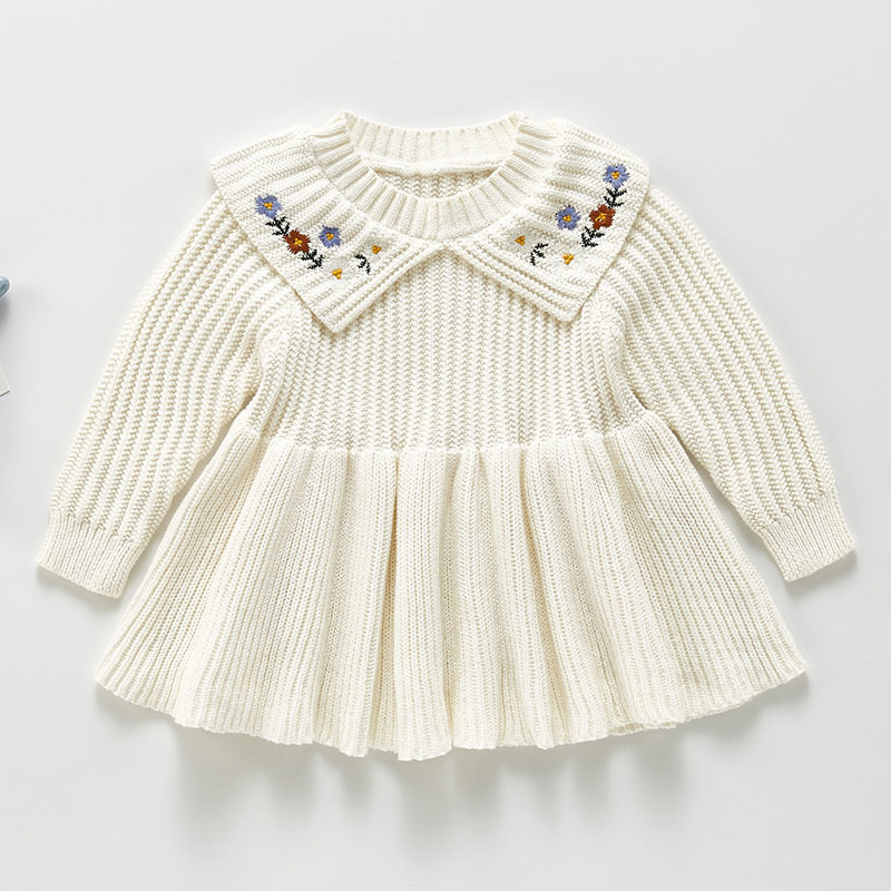 Spring Autumn Kids Dresses For Girls Princess Girl Long Sleeve Knitting Embroider 0-3Yrs 210429