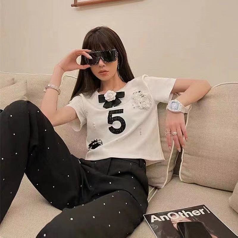 Bow decoration sleeve t shirt fashion foreign style short round collar jacket design feeling tide, White
Bow decoration sleeve t shirt fashion foreign style short round collar jacket design feeling tide, White