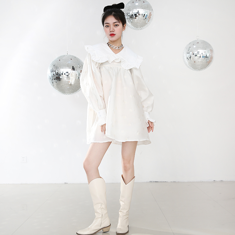 [EAM] Women White Ruffles Temperamnt Mini Dress Peter Pan Collar Long Sleeve Loose Fit Fashion Spring Autumn 2A53400 21512