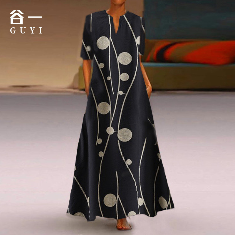 Women Dress V-neck Printing Vintage Dresses Plus Size Sexy Loose Flowers Long Fashion 210513