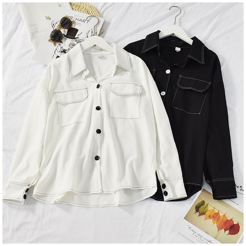 CHIC Korea Clothes Hit color line Lapel Casual Shirt Double Pockets Single-breasted buttons Loose Women Blouse Tops 210429