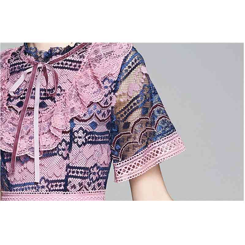 Fashion Runway Summer Dress Women Short Sleeve Lace Ruffles Patchwork Vintage es Ladies Midi Vestido 210520