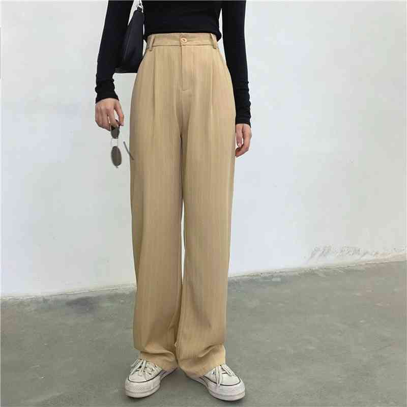 Loose Black Oversize High Waist Striped Tailored Trousers Women Chic Khaki Straight Wide Leg Pants Streetwear Retro Pantalones 210429