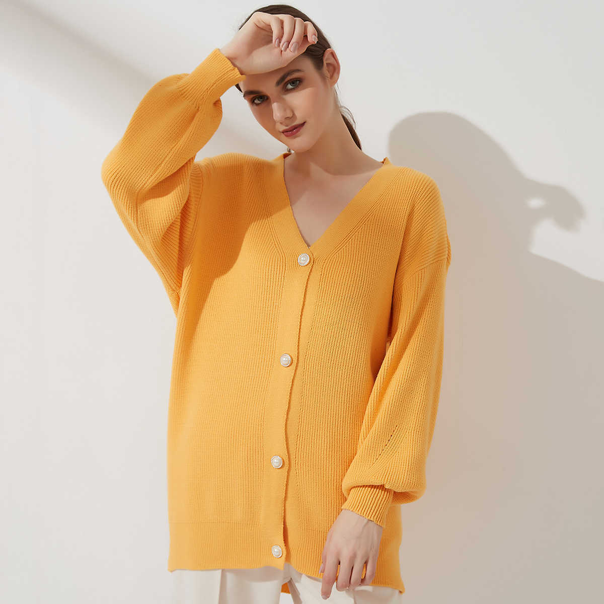 Wixra Women Oversized Single Breasted Lantern Sleeve Cardigan Autumn Winter Button Knitwear Loose Sweater 210918