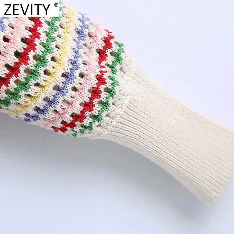 Zevity Women Rainbow Striped Print Hollow Out Crochet Knitted Sweater Coat Female Chic Breasted Jacquard Cardigan Tops SW803 210918