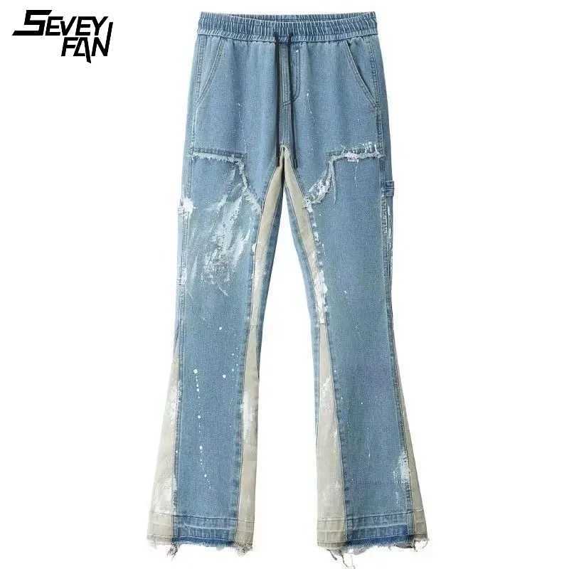 Men Vintage Blue Flared Jeans Color Block Patchwork Hi Street Caro Jean Pants Hip Hop Streetwear Oversize Baggy Denim Trousers 211011