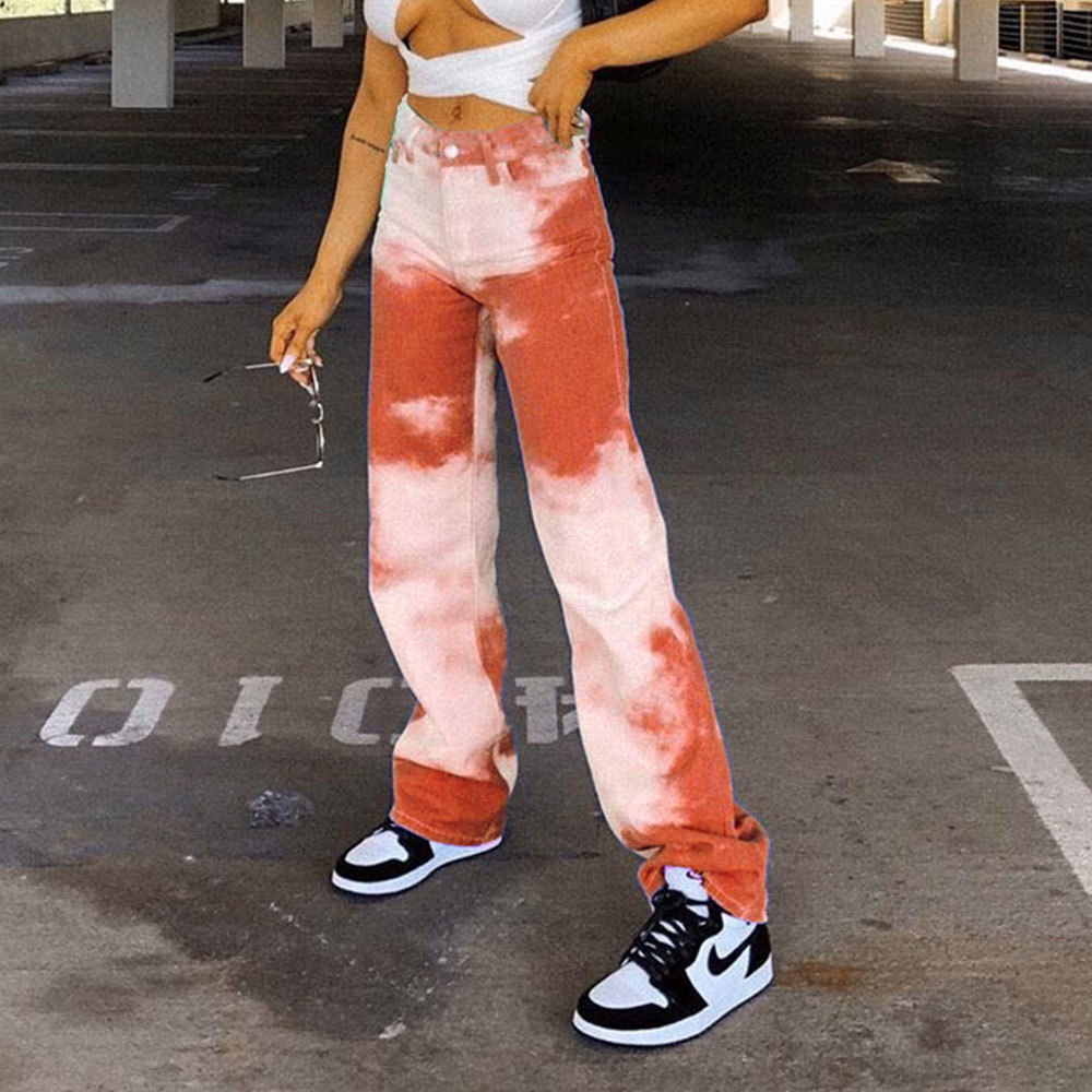 Fashion Tie-dye Print Wide Leg Jeans Casual High Waist Loose Long Pants Women Summer Hip Hop Trousers Streetwear 210428