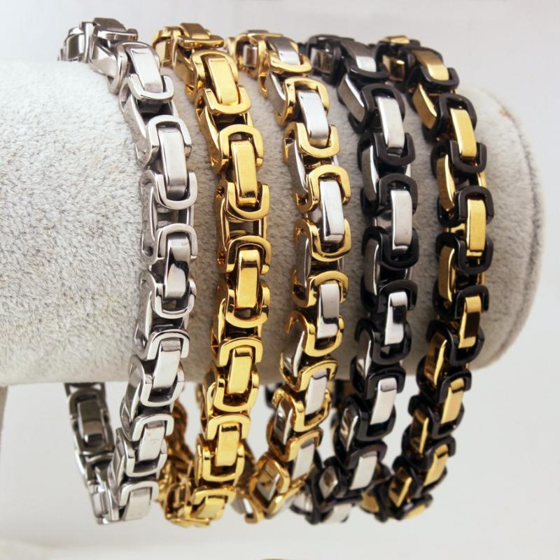 Link, Chain 5/6/8mm 7-11"Stainless Steel Silver/Gold/Silver Gold/Silver Black/Gold Black Byzantine Men/Women Bracelet Charm Jewelry