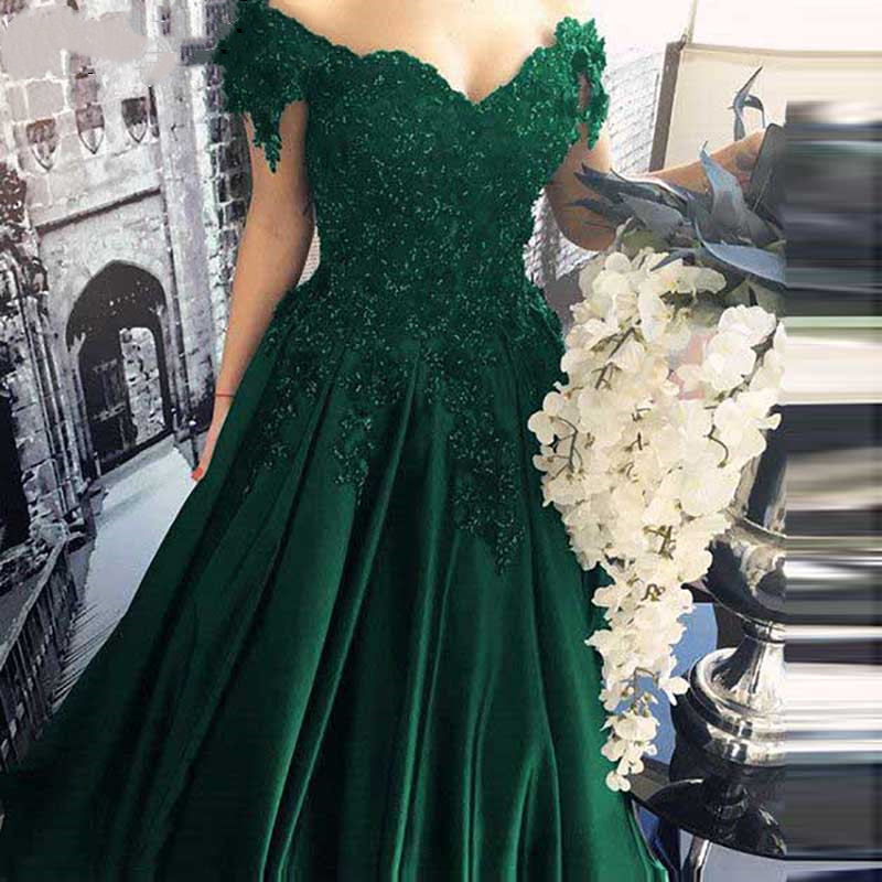 Vintage Dark Green Formal Evening Dresses Off Shoulder 2022 A Line Arabic Dubai Prom Party Gowns Short Sleeve Plus Size Turkey Muslim Special Occasion