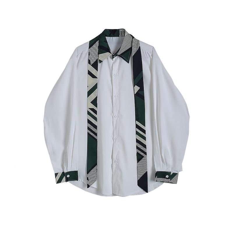 Men's Casual Shirts Men Vintage Splice Collar Bow Tie Long Sleeve Loose Japan Korea Style Male Fashion Show Dress Stage Clothes