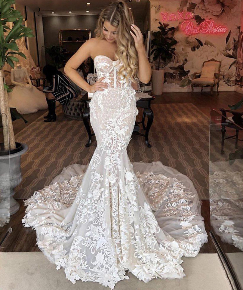 Strapless Lace Mermaid Wedding Dresses Sweetheart Sweep Train Appliqued Backless Tulle Bridal Gowns Vestidos De Novia, White
Strapless Lace Mermaid Wedding Dresses Sweetheart Sweep Train Appliqued Backless Tulle Bridal Gowns Vestidos De Novia, White