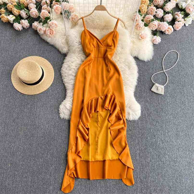 Sexy V-neck Adjustable Spaghetti Strap Party Dress Women Fashion Summer Sleeveless High Waist Irregular Ruffles Back Long 210603, Yellow
Sexy V-neck Adjustable Spaghetti Strap Party Dress Women Fashion Summer Sleeveless High Waist Irregular Ruffles Back Long 210603, Yellow