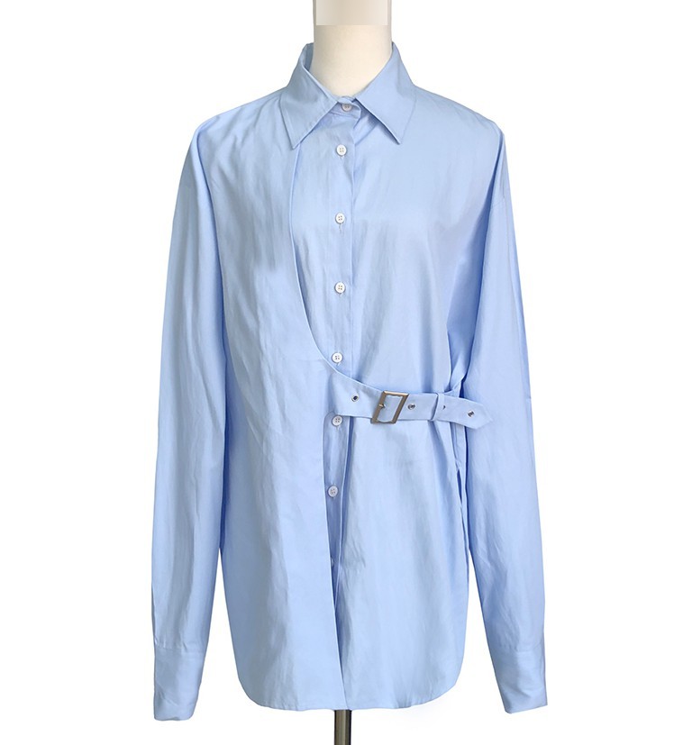 Fall Women Long Sleeve Blouse Blue Button Up Collar Korean Shirt With Belt Causal Top Fashion Clothing 210427