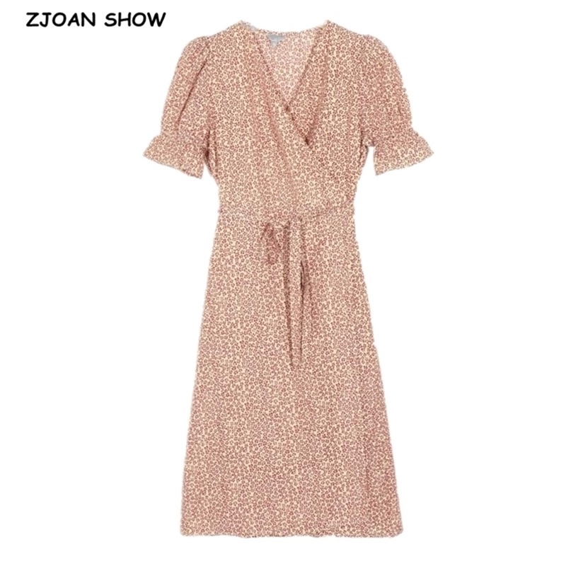 Vintage France style V neck Front Slit Flower Dot Wrap Dress Holiday Woman Tie Bow Lace up Waist Short Sleeve Midi Tea Dresses 210429