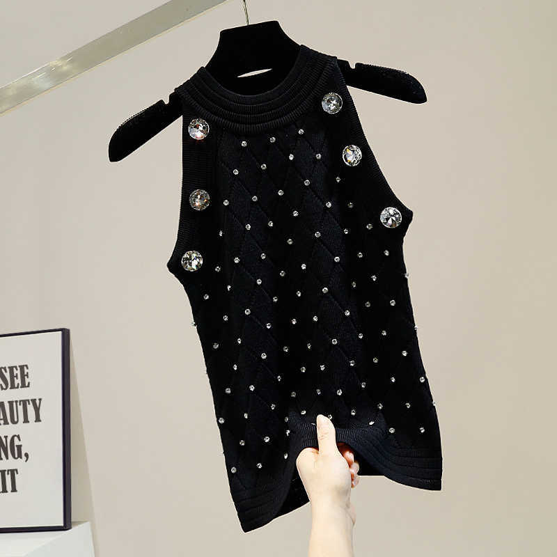 DEAT Spring Summer Arrivals Solid Color Round Collar Sleeveless Decoration Slim Kintted Vest MZ543 210709