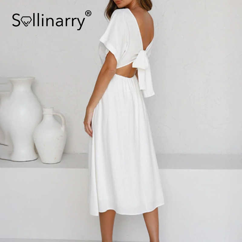 Sollinarry Sexy backless soild white color A-line women dress Summer causel short sleeve dress chic ladies holiday female dress 210709