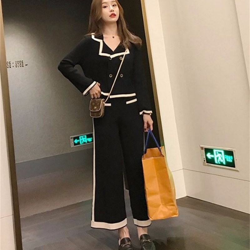 Autumn 2 Piece Set Women Double Breasted Sweater Turn down collar Long Sleeve Cardigan+Wide Leg Full Length Pants Knit 210519