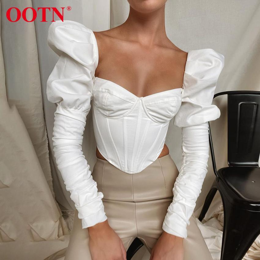 OOTN Sexy Tunic Crop Top Female Shirt Women White Blouse Puff Sleeve Top Elegant Ruched Streetwear Square Neck Black Blouses 210317