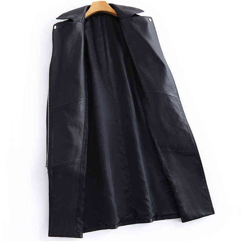 Lautaro Autumn Black Long Faux Leather Jacket Women with Many Pockets Zipper Belt Lapel Spring Leather Trench Coat for Women 211130
