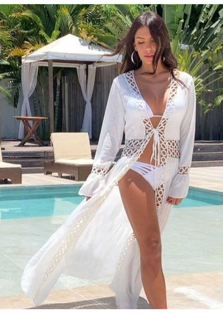 Geometric Round Hollow Out Micro Flared Sleeves Beach Tunic Long Robe Summer Elegant Ladies White Dress Bikini Cover-Ups 210604