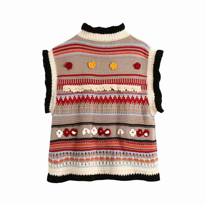 Fashion Women Knitwear Weskit Autumn Colorful Female Waistcoat Casual 3D Flower Print Ladies Vest Girls Knits Coats 210430