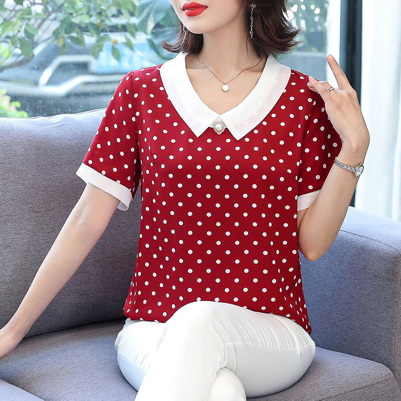 Women's Spring Summer Style Chiffon Blouses Shirts Women's Elegant Peter pan Collar Polka Dot Short Sleeve Casual Tops SP605 210317