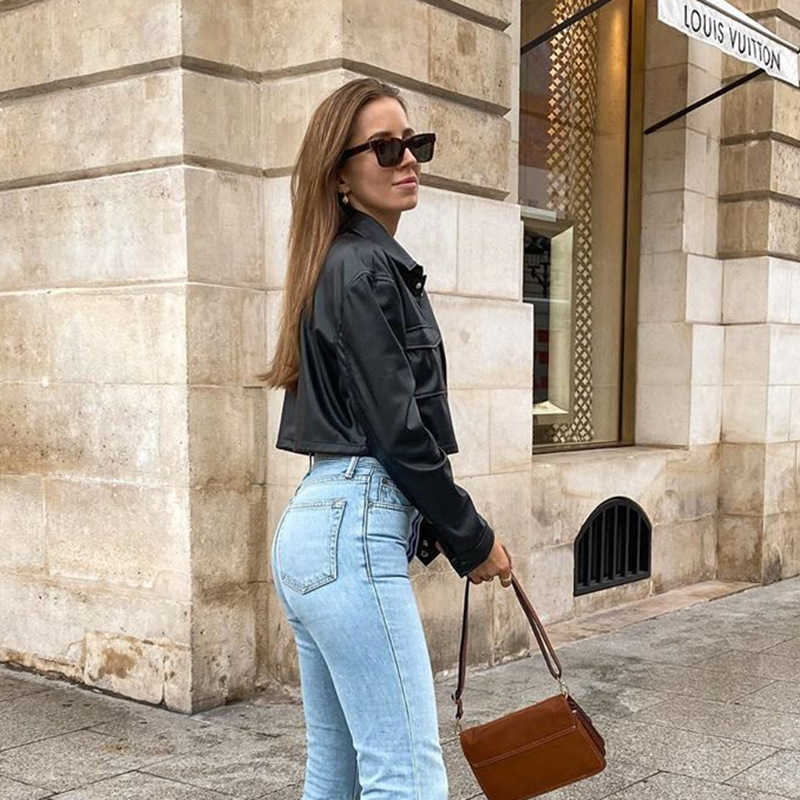 Colysmo Button up Shirt Women PU Leather Single Breasted Notched Loose Long Sleeve Top Black Crop Blouse Chic Autumn Streetwear 210527