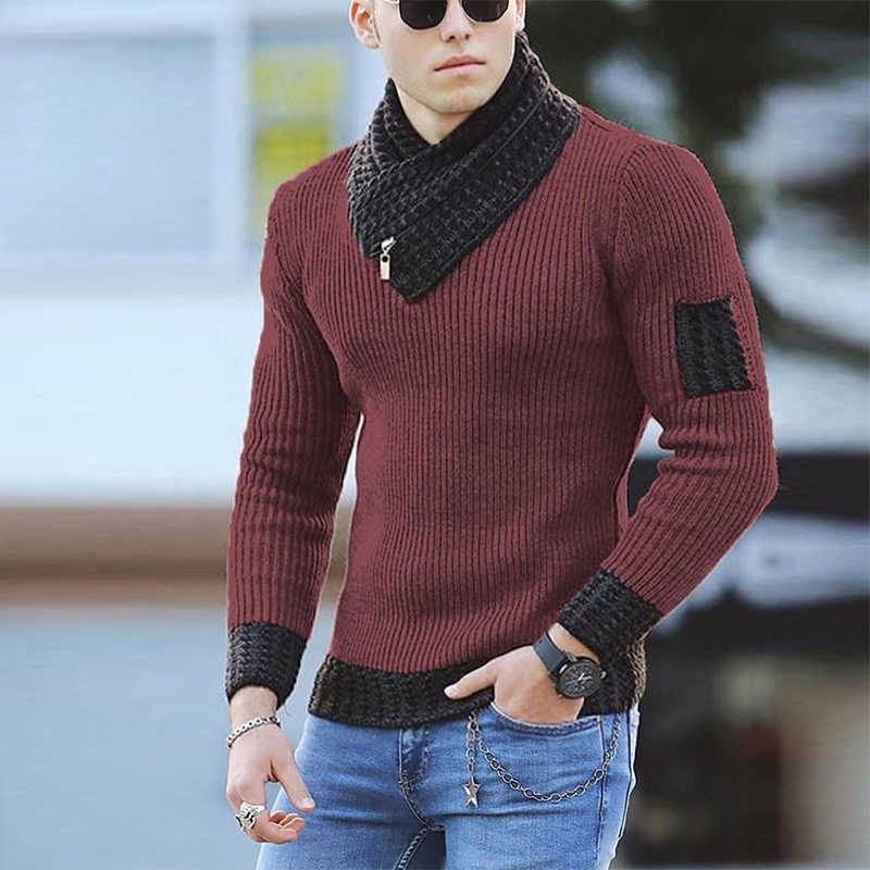 Casual Mens Slim Knit Sweater Autumn Winter Warm Turtleneck Jumpers Men Fashion Patchwork Long Sleeve Sweaters Streetwear 211018