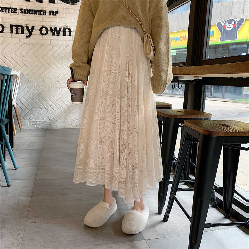 Alien Kitty Elastic High Waist Lace Skirts Spring Autumn Korean Elegant Casual A-line Black Long Skirt Female 210621