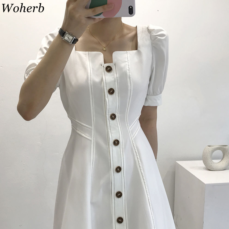 Vestidos De Mujer Square Collar Korean Chic Robe Summer Elegant A Line Dress High Waist White Woman Dresses 4j616 210519