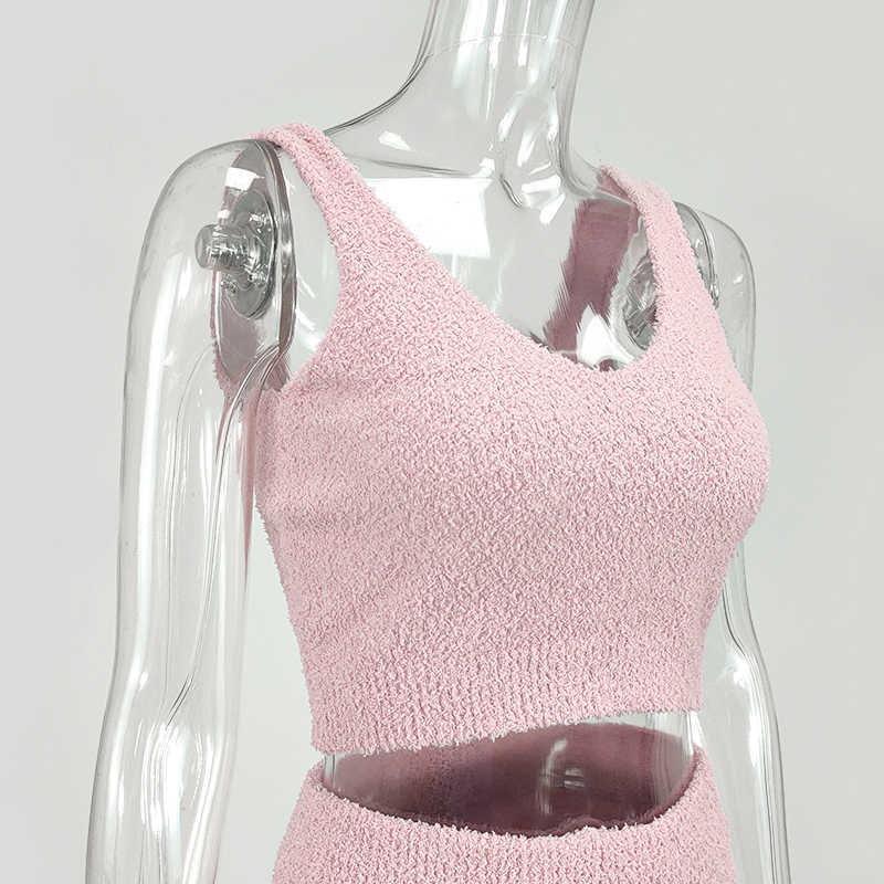 Asia Fluffy Two Piece Set Lounge Sexy 2 Piece Set Women Sweater knit Set Tank Top And Pants Casual Homewear Outfits Home Suit 210714