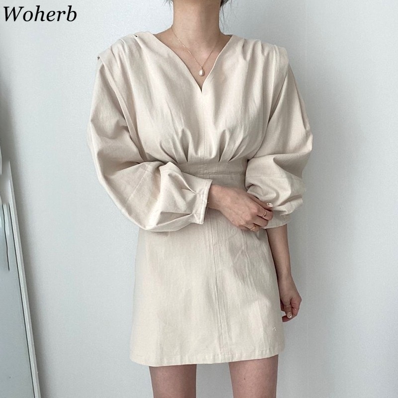 Chic Dress for Women Korean Clothing Robe V-neck Lantern Sleeve Mini Dresses Slim Waist Elegant Vestidos Mujer 210519