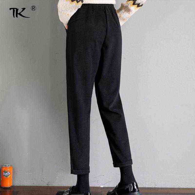 Women's Elastic High Waist Harem Pants Wide Leg Wool Trousers Slim Basic Female Solid Pant Thick Casual Autumn Winter 211124