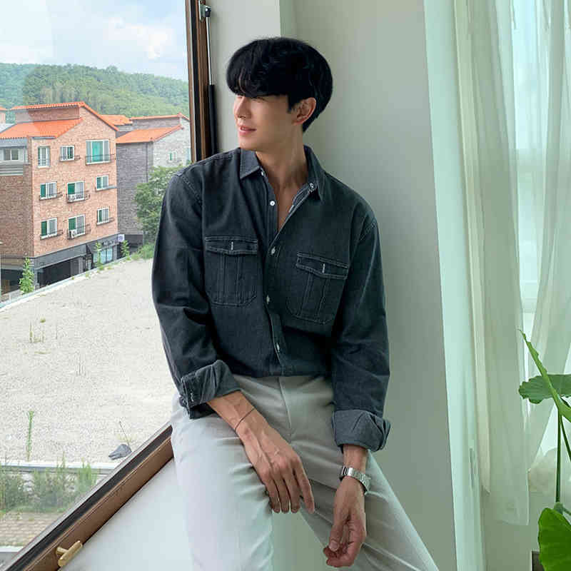 IEFB Spring Denim Shirt Men's Long Sleeve Korean Fashion Workwear Causal Shirts Loose Tops Double Pocket Single Breast Y5901 210524