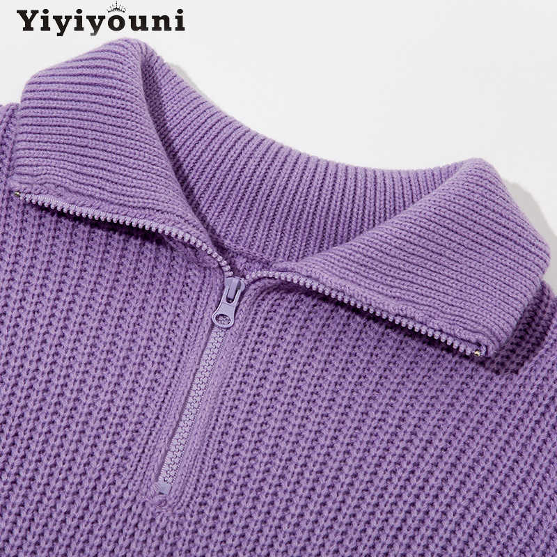 Yiyiyouni Zipper Polo Collar Knitted Oversized Sweater Women Autumn Winter Casual Thick Pullovers Female Loose White Jumper 210918
