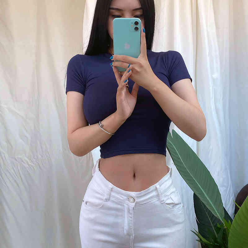 Spring and Summer Dark Blue Sexy Open Waist Short Sleeve T-shirt for Women Solid Color Korean Blusas Mujer 210510