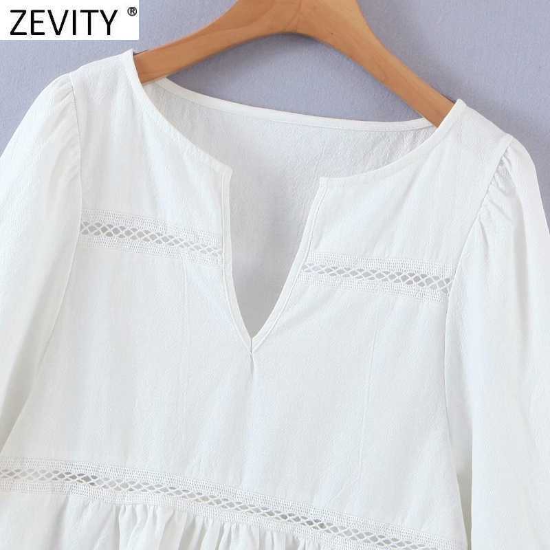 Zevity Women Sweet V Neck Lace Patchwork Hem Pleat Ruffles Shirts Lady Lantern Sleeve Casual Slim Blouse Roupas Chic Tops LS9134 210603