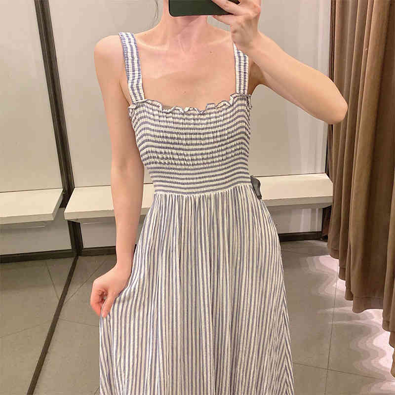 Sweet Women Blue Striped Sexy Sling Long Dress Elegant Female Sleeveless Cotton Casual Summer Vestido 210430