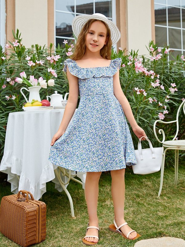 Girls Ditsy Floral Print Ruffle Trim Dress SHE01