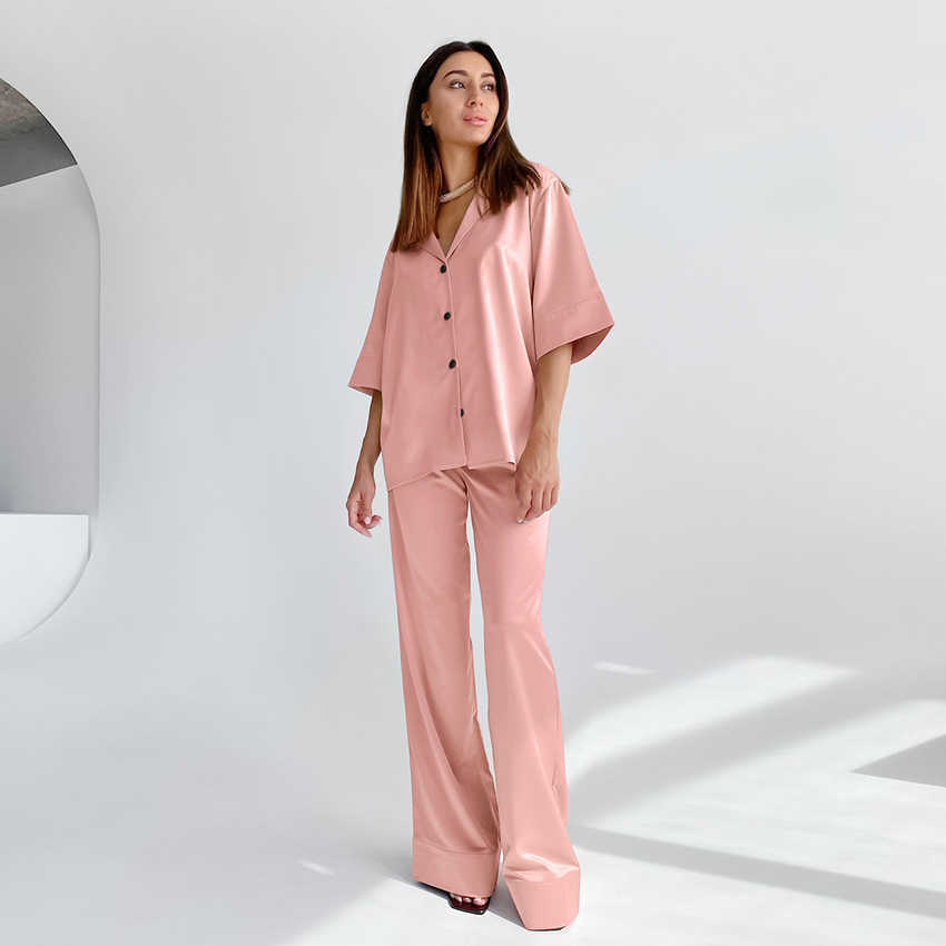 HiLoc Solid Drop Sleeves Pajama Turn-Down Collar 2 Piece Set Women Pajamas With Pants Spring Deep V-Neck Sleepwear Satin 210924