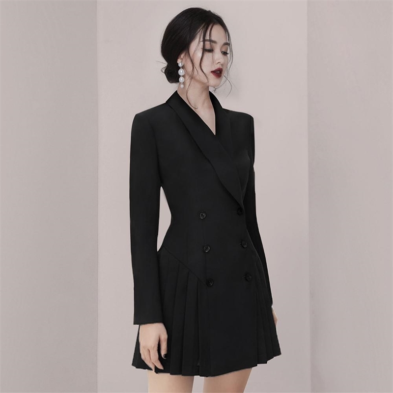 Spring Double-Breasted Pleated Dress Women Korea Vintage Office Wear Dresses Vestidos 210520