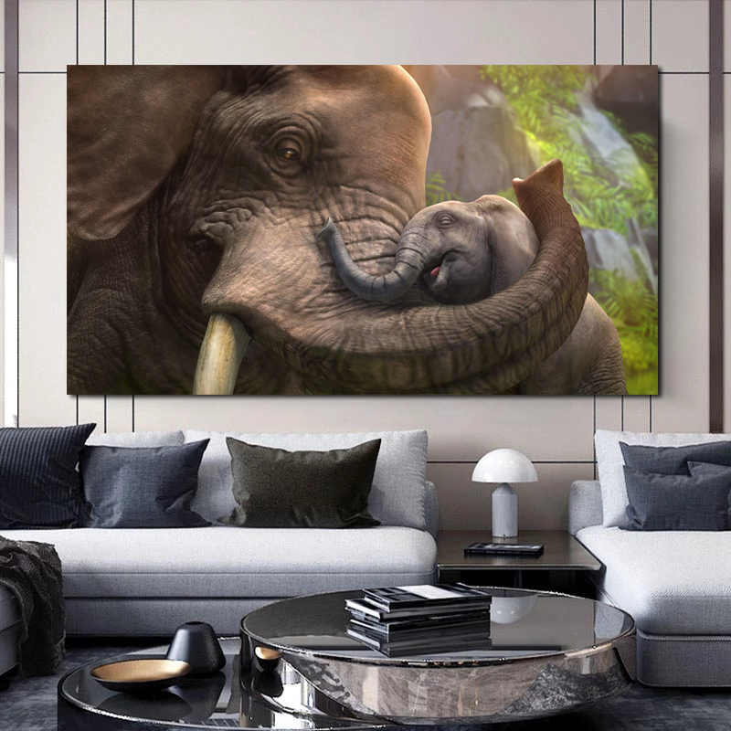 Elephant Mother And Sun Poster Canvas Painting Wall Art Pictures For Living Room Animal Prints Home Decor Indoor Decorations
