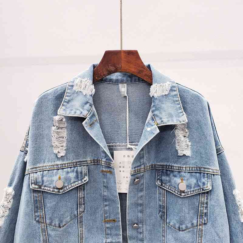 Streetwear Style Print Women's Denim Jacket Coat Diamonds Hole BF Jeans Outwear Female Spring Autumn Casual Loose Cowboy Outwear 210722