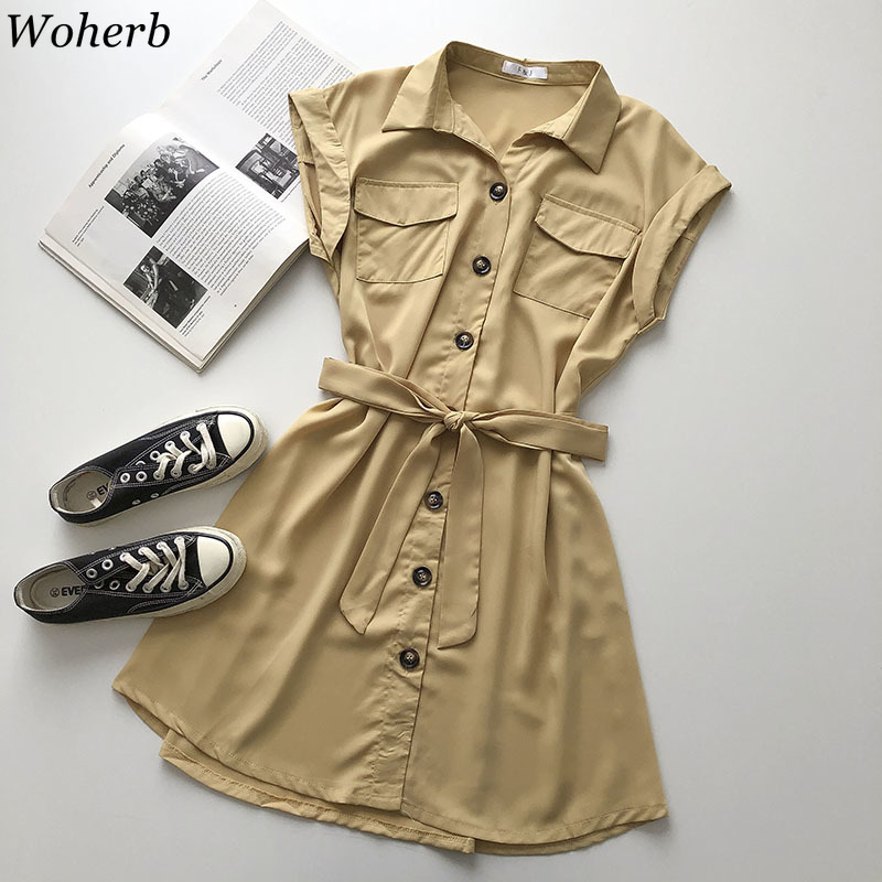 Casual Women Summer Dress Korean Fashion Robe Turn Down Collar Sleeveless Vestidos Bandage Single Breasted Mini Dresses 210519