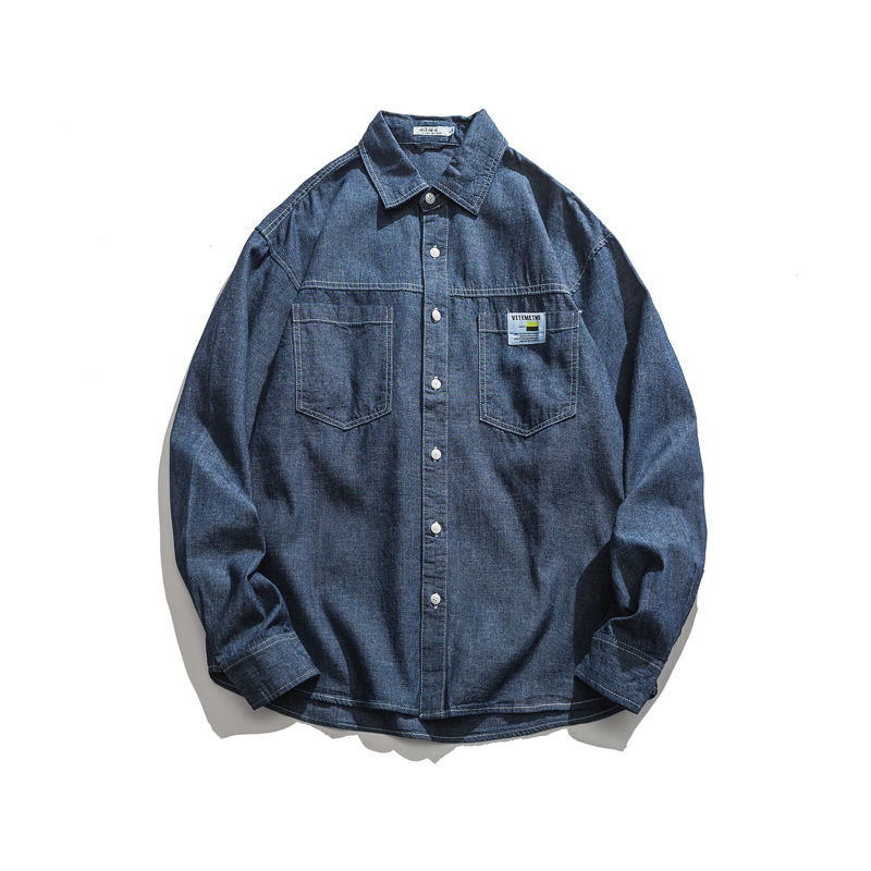 IEFB Men's Causal Simple Solid Color Label Denim Shirt Fashion Spring Black Blue Jeans Blouse For Male 9Y6070 210524