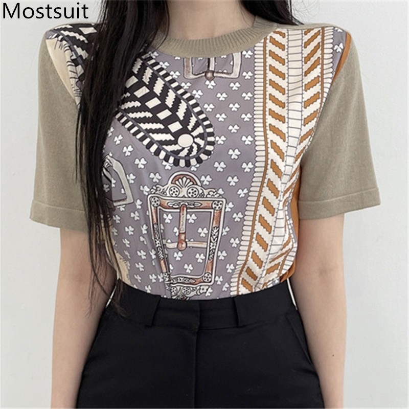 Summer Vintage Printed Knitted Pullover Sweater Women Short Sleeve O-neck Tops Korean Fashion Female Jumpers Mujer 210514