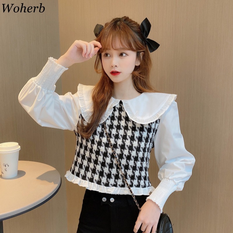 Sweet Plaid Blouse Women Peter Pan Collar Shirt Causal Long Sleeve Blouses Korean Spring Blusas Top 210519