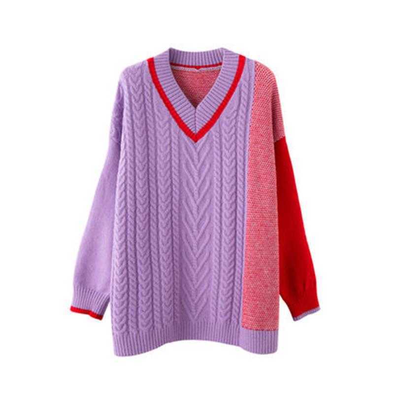 H.SA Women Winter Sweater Pullovers V neck Patchwork Purple Haraju Jumpers Oversized Knit Loose Knitwear Twisted Winter Sweaters 210716