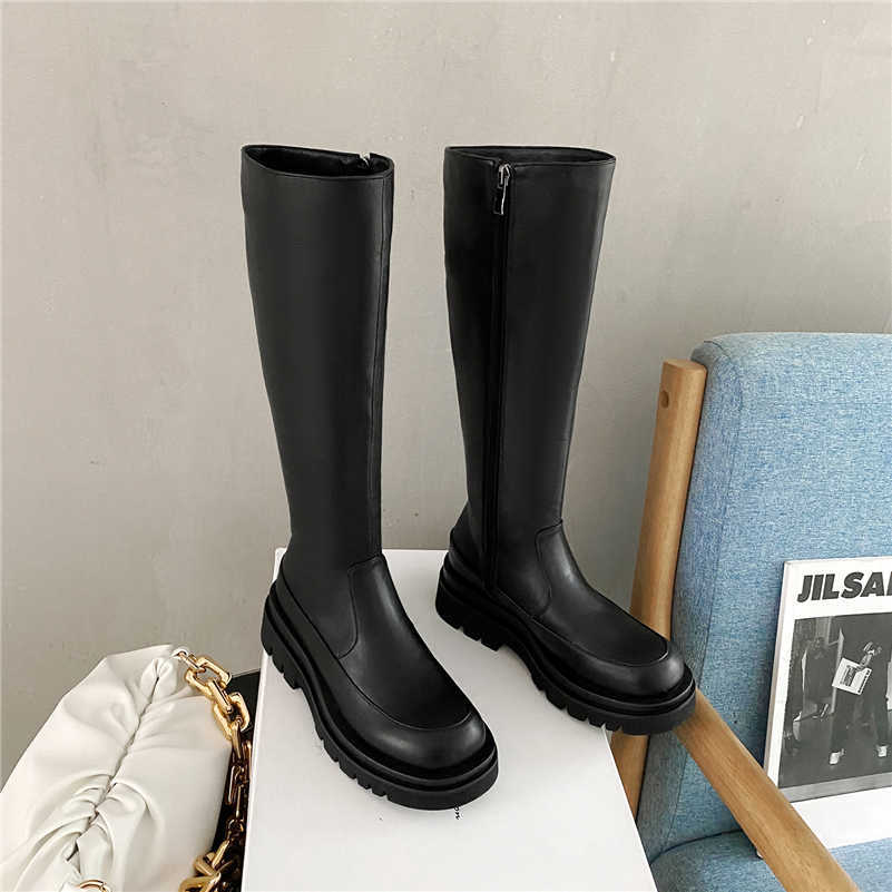 Meotina Women Knee High Riding Boots Platform Flat Shoes Fashion Round Toe Zipper Ladies Long Boots Autumn Winter 33-43 Beige Y0914